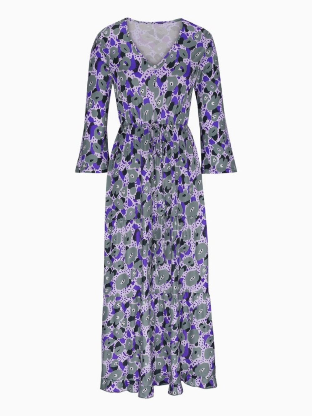 Boho layered Maxi Dress fits Medium Purple/Grn Floral V Neck Ruffle hem Feminine